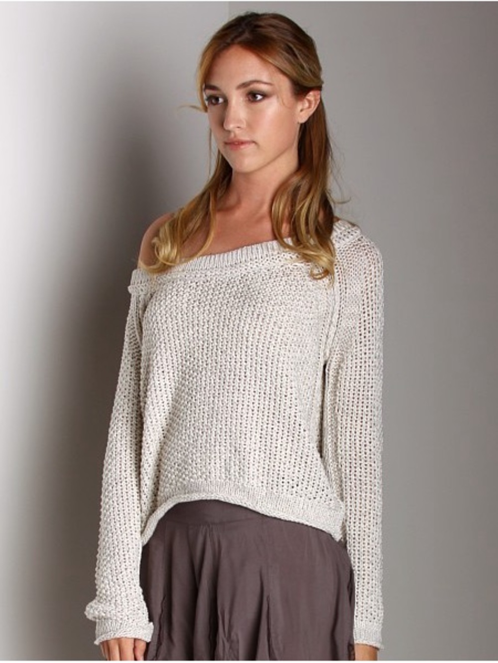 Free People Off-the-Shoulder Open Knit Sweater in Cream